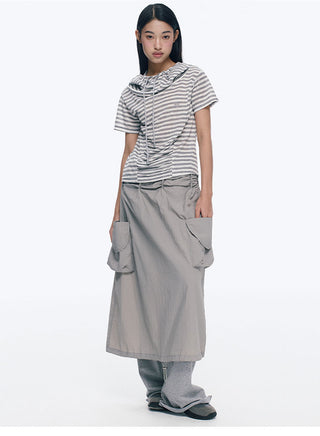 [NECY] Gray Double Pocket Pleated A-Line Skirt