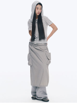 [NECY] Gray Double Pocket Pleated A-Line Skirt