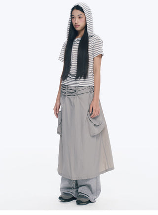 [NECY] Gray Double Pocket Pleated A-Line Skirt