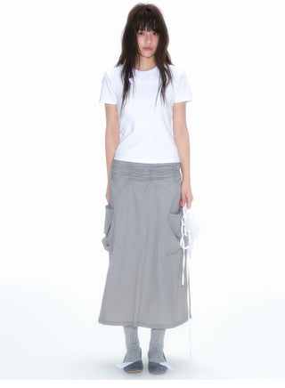 [NECY] Gray Double Pocket Pleated A-Line Skirt