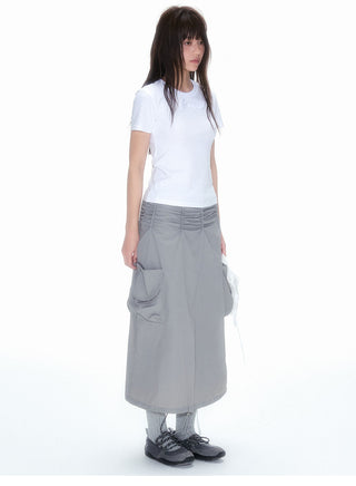[NECY] Gray Double Pocket Pleated A-Line Skirt
