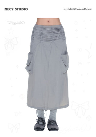[NECY] Gray Double Pocket Pleated A-Line Skirt
