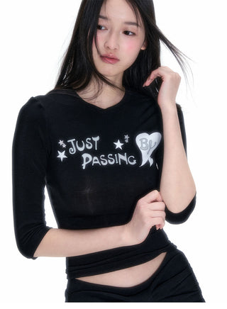 [NECY] Glitter Sleeve Stretch Slim-Fit Top