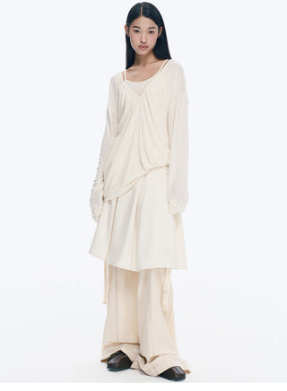 [NECY] V-Neck Pleating Long Sleeve Embroidered Top