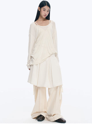 [NECY] V-Neck Pleating Long Sleeve Embroidered Top