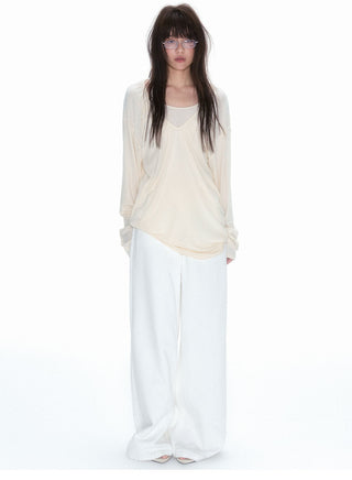 [NECY] V-Neck Pleating Long Sleeve Embroidered Top