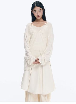 [NECY] V-Neck Pleating Long Sleeve Embroidered Top