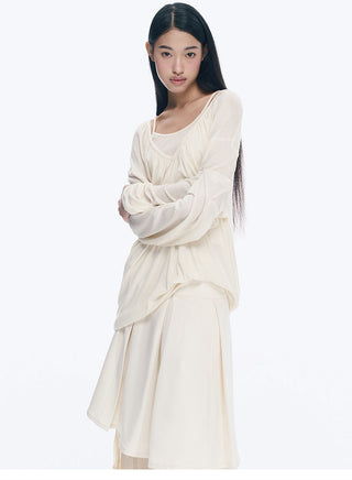 [NECY] V-Neck Pleating Long Sleeve Embroidered Top