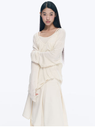 [NECY] V-Neck Pleating Long Sleeve Embroidered Top