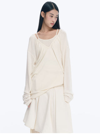 [NECY] V-Neck Pleating Long Sleeve Embroidered Top