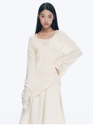 [NECY] V-Neck Pleating Long Sleeve Embroidered Top