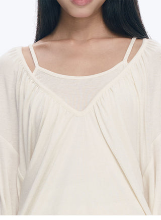 [NECY] V-Neck Pleating Long Sleeve Embroidered Top