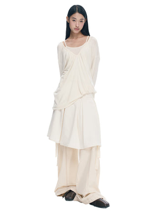 [NECY] V-Neck Pleating Long Sleeve Embroidered Top