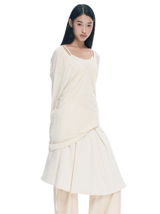 [NECY] V-Neck Pleating Long Sleeve Embroidered Top