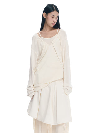 [NECY] V-Neck Pleating Long Sleeve Embroidered Top