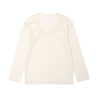 [NECY] V-Neck Pleating Long Sleeve Embroidered Top