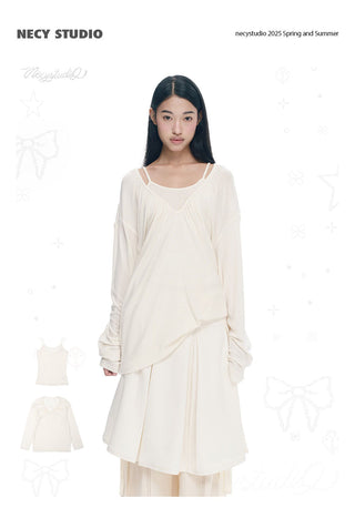 [NECY] V-Neck Pleating Long Sleeve Embroidered Top