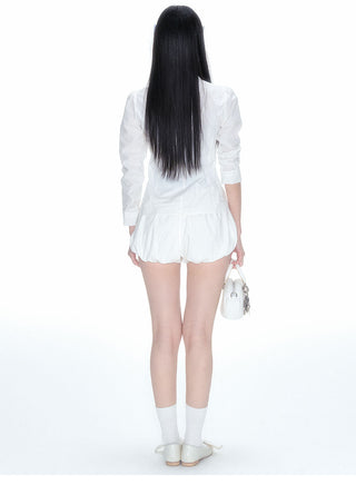[NECY] Pleated Hem White Shirt Heart Lock Long Sleeve Top