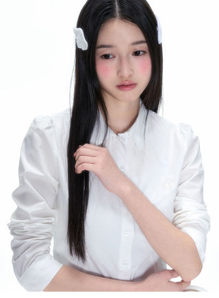 [NECY] Pleated Hem White Shirt Heart Lock Long Sleeve Top