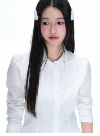 [NECY] Pleated Hem White Shirt Heart Lock Long Sleeve Top