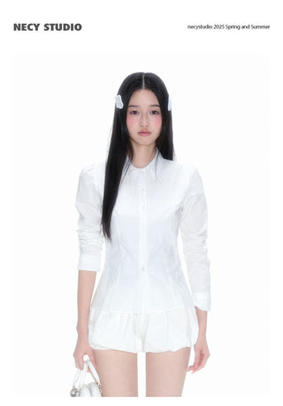 [NECY] Pleated Hem White Shirt Heart Lock Long Sleeve Top