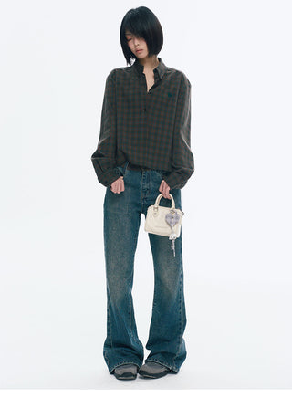 [NECY] Preppy Style Plaid Heart Lock Long Sleeve Top