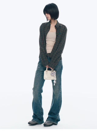 [NECY] Preppy Style Plaid Heart Lock Long Sleeve Top