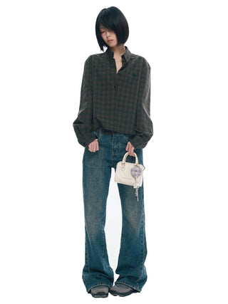 [NECY] Preppy Style Plaid Heart Lock Long Sleeve Top