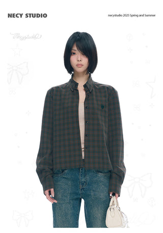 [NECY] Preppy Style Plaid Heart Lock Long Sleeve Top