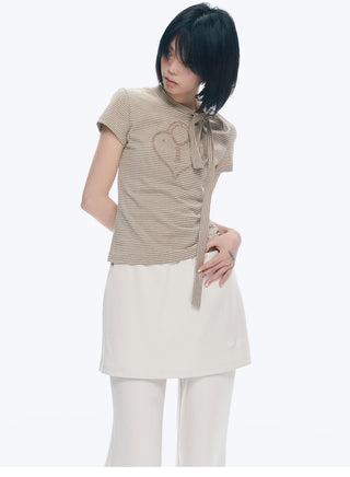 [NECY] Heart Lock Embroidered Striped Tie T-Shirt