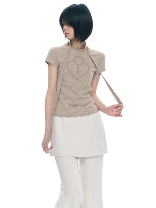 [NECY] Heart Lock Embroidered Striped Tie T-Shirt