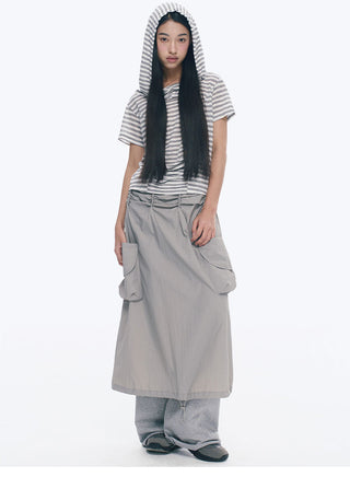[NECY] Silver Gray Striped Asymmetric Short Sleeve T-Shirt