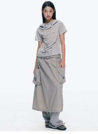 [NECY] Silver Gray Striped Asymmetric Short Sleeve T-Shirt