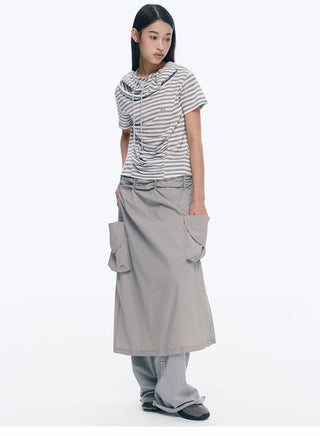[NECY] Silver Gray Striped Asymmetric Short Sleeve T-Shirt