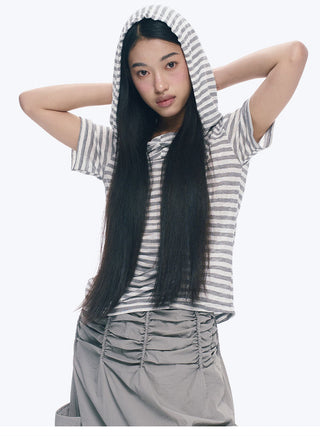 [NECY] Silver Gray Striped Asymmetric Short Sleeve T-Shirt