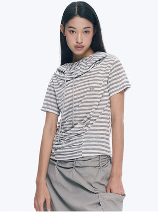 [NECY] Silver Gray Striped Asymmetric Short Sleeve T-Shirt