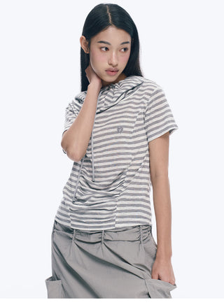 [NECY] Silver Gray Striped Asymmetric Short Sleeve T-Shirt