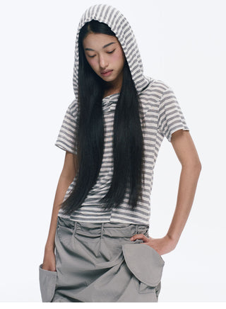 [NECY] Silver Gray Striped Asymmetric Short Sleeve T-Shirt
