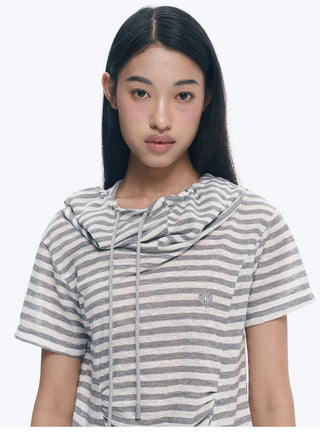 [NECY] Silver Gray Striped Asymmetric Short Sleeve T-Shirt