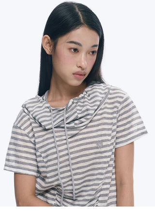 [NECY] Silver Gray Striped Asymmetric Short Sleeve T-Shirt
