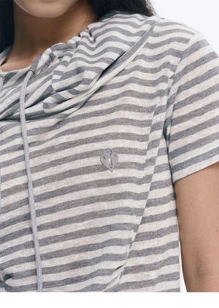 [NECY] Silver Gray Striped Asymmetric Short Sleeve T-Shirt