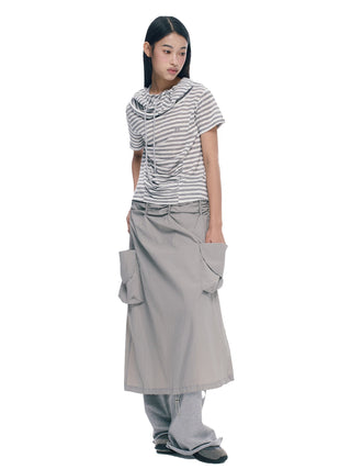[NECY] Silver Gray Striped Asymmetric Short Sleeve T-Shirt
