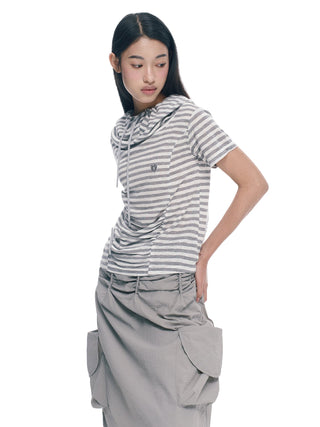 [NECY] Silver Gray Striped Asymmetric Short Sleeve T-Shirt