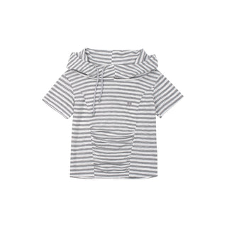 [NECY] Silver Gray Striped Asymmetric Short Sleeve T-Shirt