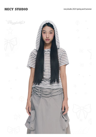 [NECY] Silver Gray Striped Asymmetric Short Sleeve T-Shirt