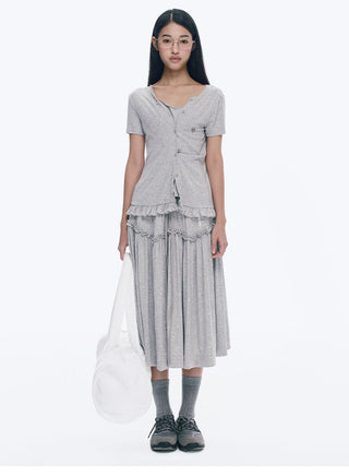 [NECY] Heart Lock Embroidered Short Sleeve Lace Hem T-Shirt