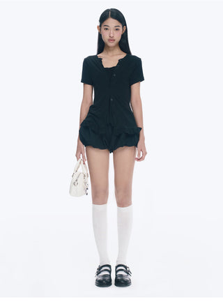 [NECY] Heart Lock Embroidered Short Sleeve Lace Hem T-Shirt