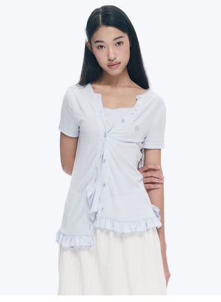 [NECY] Heart Lock Embroidered Short Sleeve Lace Hem T-Shirt