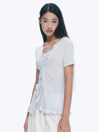 [NECY] Heart Lock Embroidered Short Sleeve Lace Hem T-Shirt