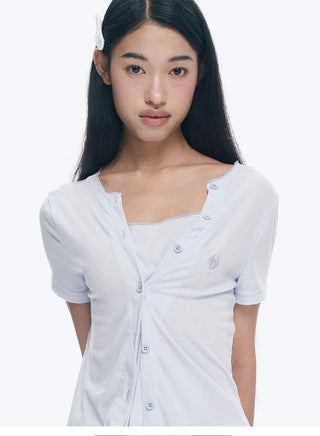 [NECY] Heart Lock Embroidered Short Sleeve Lace Hem T-Shirt